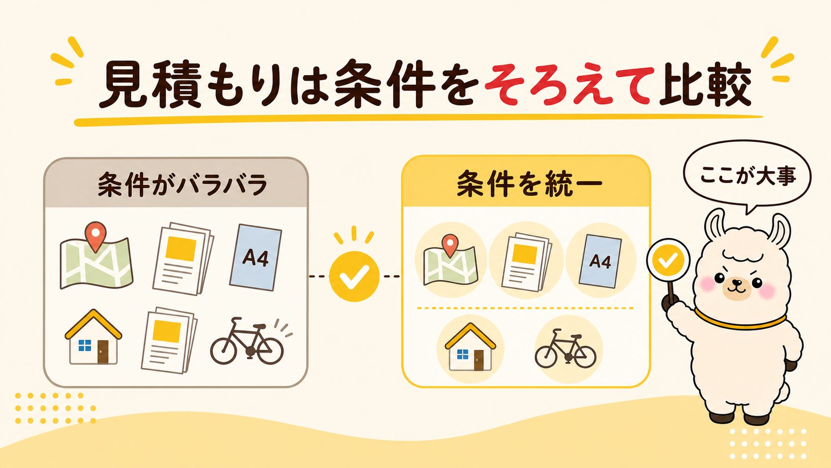 ポスティングの見積もりは条件をそろえて比較することを示す図解